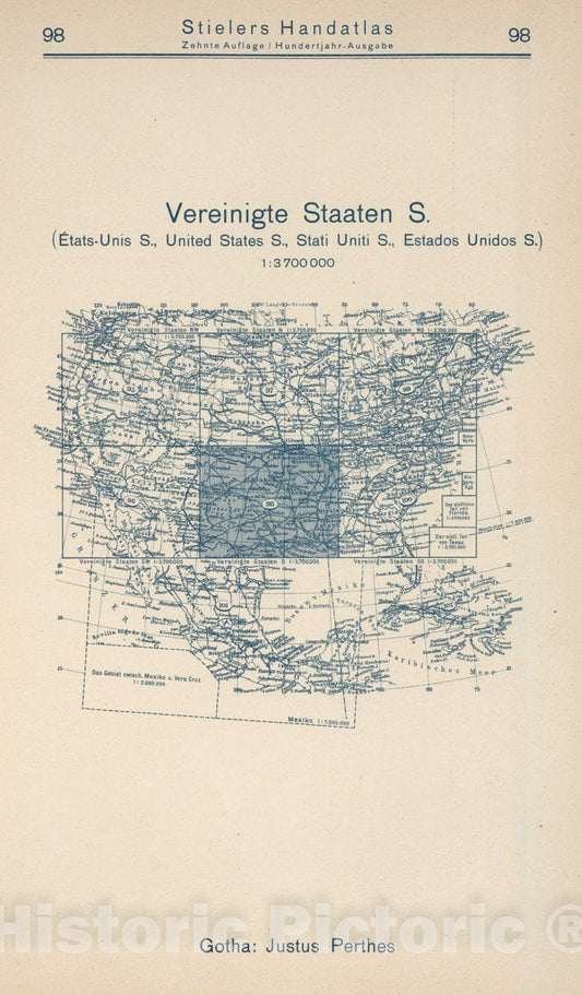 Historic Map : 1925 Index Map: 98. Vereinigte Staaten S. United States S. - Vintage Wall Art