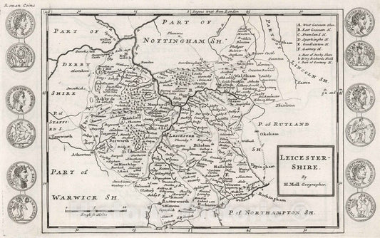 Historic Map : 1724 National Atlas - Leicester-Shire. by H. Moll Geographer - Vintage Wall Art
