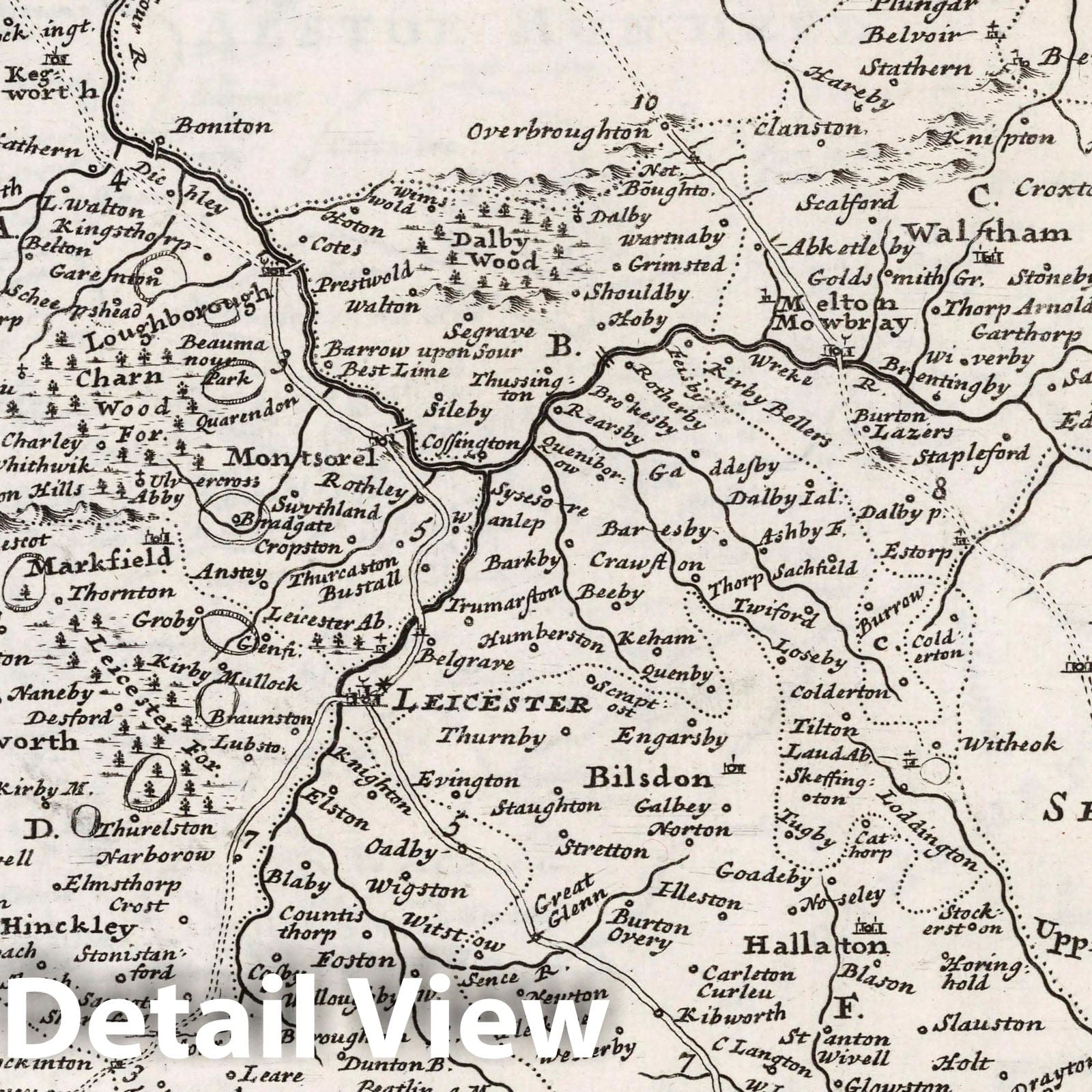 Leicestershire, England - Road Map, 1724 - Herman Moll Historical Map Print
