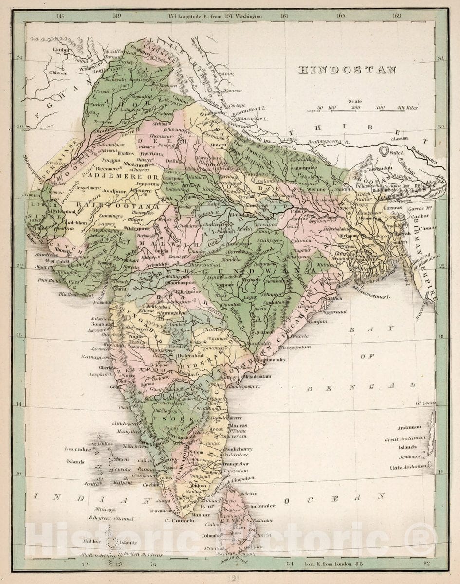 Historic Map : Hindostan. A Comprehensive Atlas, Geographical, Historical & Commercial, 1838 Atlas - Vintage Wall Art