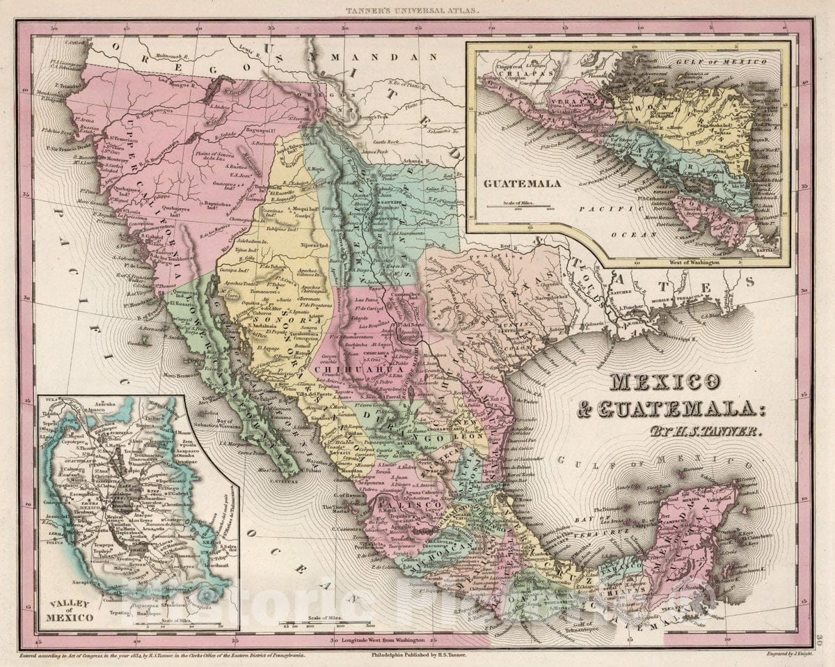 Historic Map : Mexico & Guatemala: by H.S. Tanner. (Inset) Valley of Mexico, 1834 Atlas v2