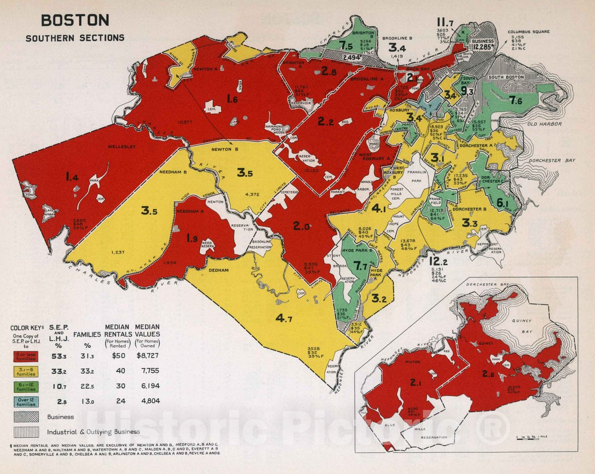 Historic Map : Boston. Southern Sections, 1932 Atlas - Vintage Wall Art