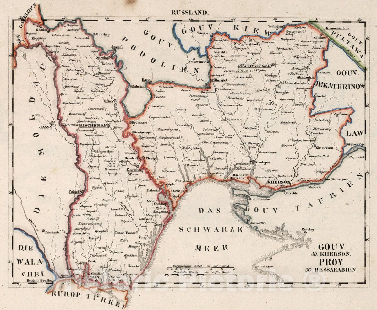 Historic Wall Map : Russia, V.3:11-15:XIII. Russland. Gouv: 30. Kherson. 33. Bessarabien, 1829 Atlas , Vintage Wall Art