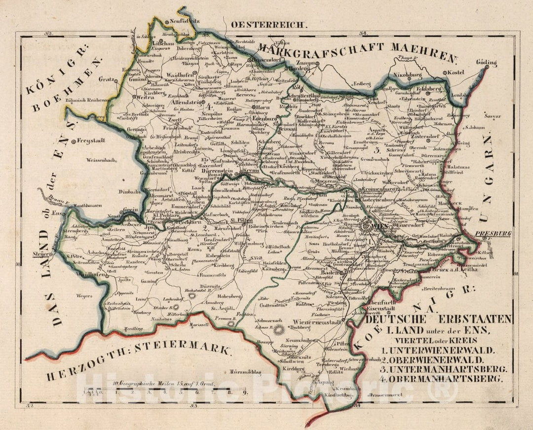 Historic Map : Germany, V.3:11-15:XI:1. Oesterreich. A. Deutsche Erbstaaten I. Land Under der Ens, 1828 Atlas , Vintage Wall Art