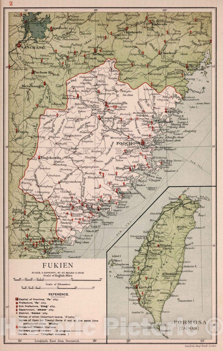 Historic Map : 1908 National Atlas - Fukien. Stanford's Geographical Establishment - Vintage Wall Art
