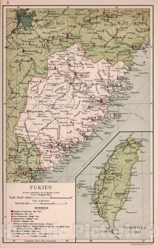 Historic Map : 1908 National Atlas - Fukien. Stanford's Geographical Establishment - Vintage Wall Art