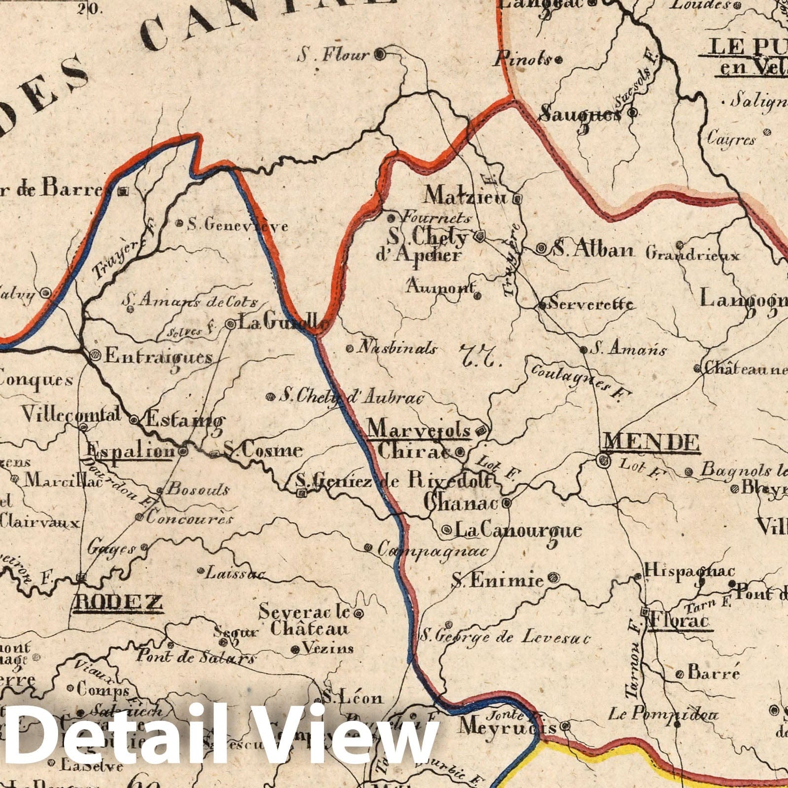 Aveyron, Loire, and Lozere Departments, France - Road Map, 1825