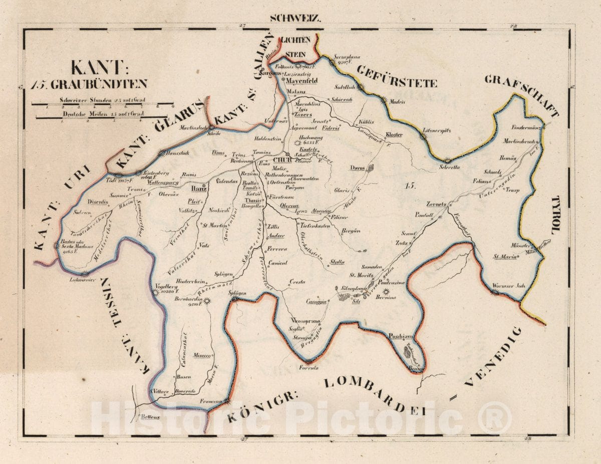 Historic Map : Switzerland, V.1:1-5: III: Schweiz. Kant: 15. Graubundten, 1825 Atlas , Vintage Wall Art