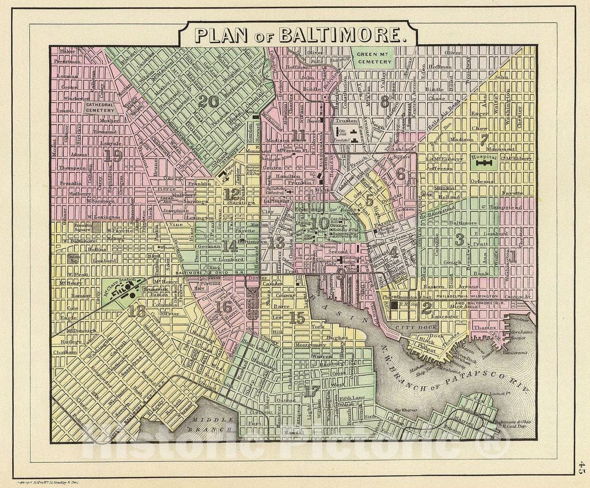 Historic Map : Plan of Baltimore. Copyright 1887 by Wm. M. Bradley & Bro. (1890), 1890 Atlas - Vintage Wall Art