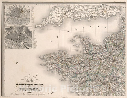 Historic Map : France, Carte physique de la France, indiquant les canaux les rivieres navigable : France, including the rivers, Roads, railways, 1863v1 , Vintage Wall Art