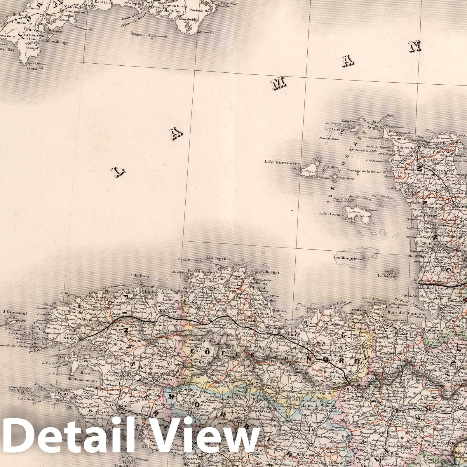 Northwestern France with Nantes and Rouen - Railroad Map, 1863