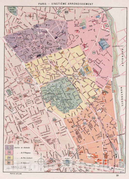 Historic Map : Paris , France, Paris - Vingtieme Arrondissement, 1900 City Atlas , Vintage Wall Art