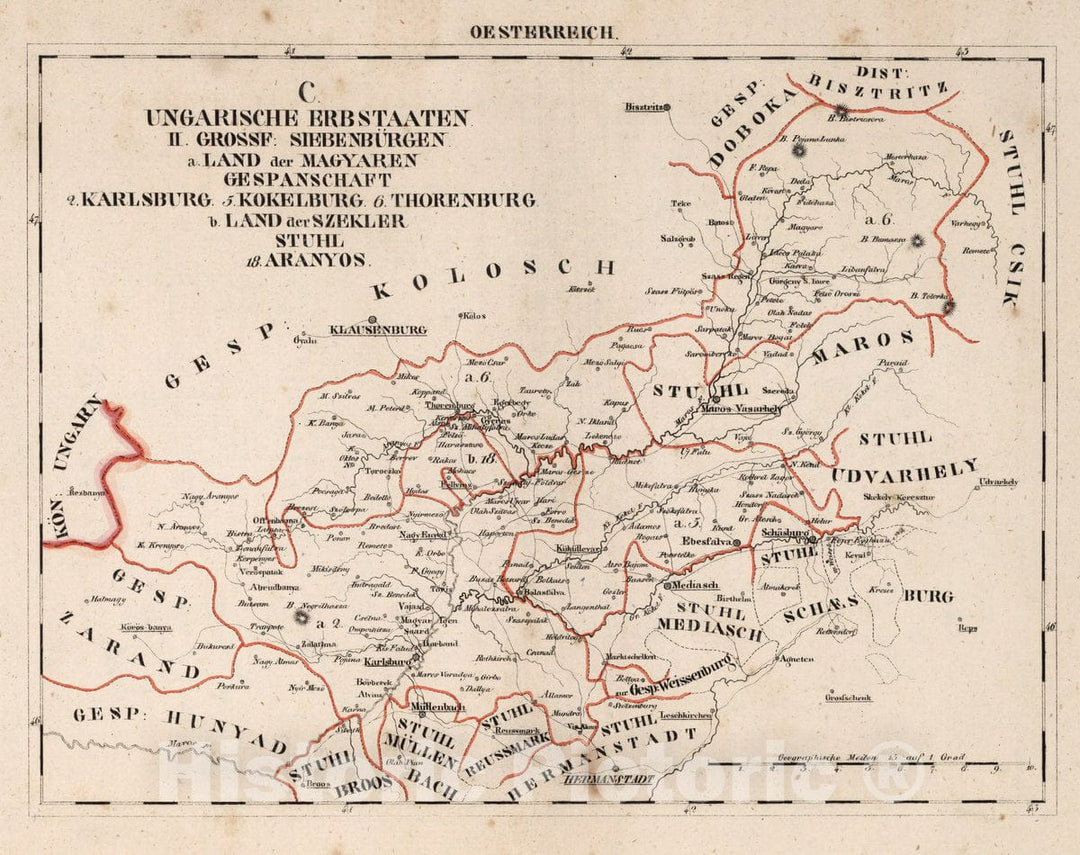 Historic Wall Map : Austria, V.3:11-15:XII: 2. Oesterreich. C. Ungarische erbstaaten, II. Grossf: Siebenburgen, 1828 Atlas , Vintage Wall Art