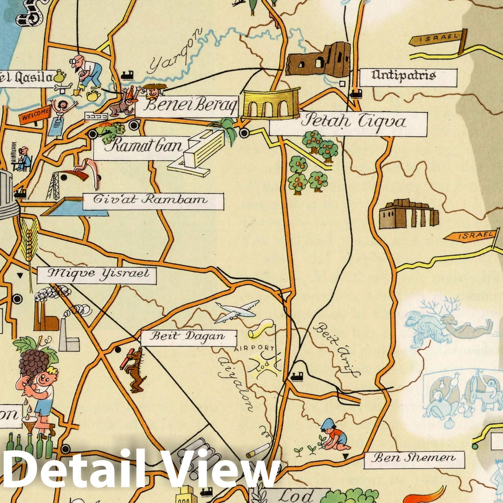 Tel Aviv, Israel - Pictorial Map, 1957 - Historical Map Reproduction