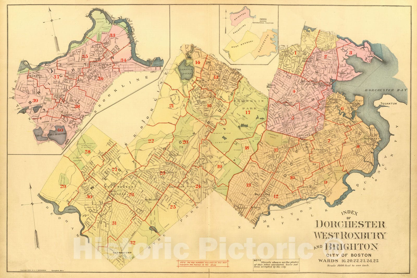 Historic Map : City Atlas - 1899 Index map Dorchester, West Roxbury, Brighton. - Vintage Wall Art