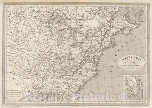 Historic Map : Canada; United States, Eastern States 1837 Etats Unis et Canada. , Vintage Wall Art