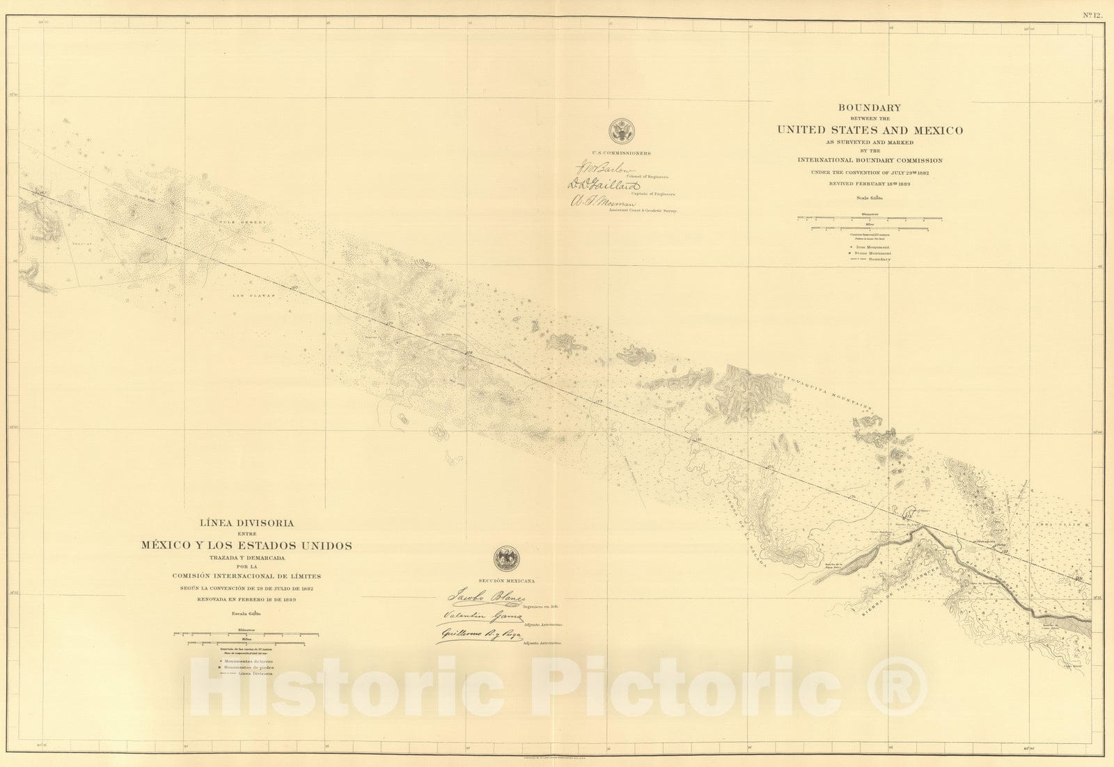 Historic Map : Mexico, Northern Mexico 1901 Linea Divisoria Entre Mexico Y Los Estados Unidos. No. 12. , Vintage Wall Art