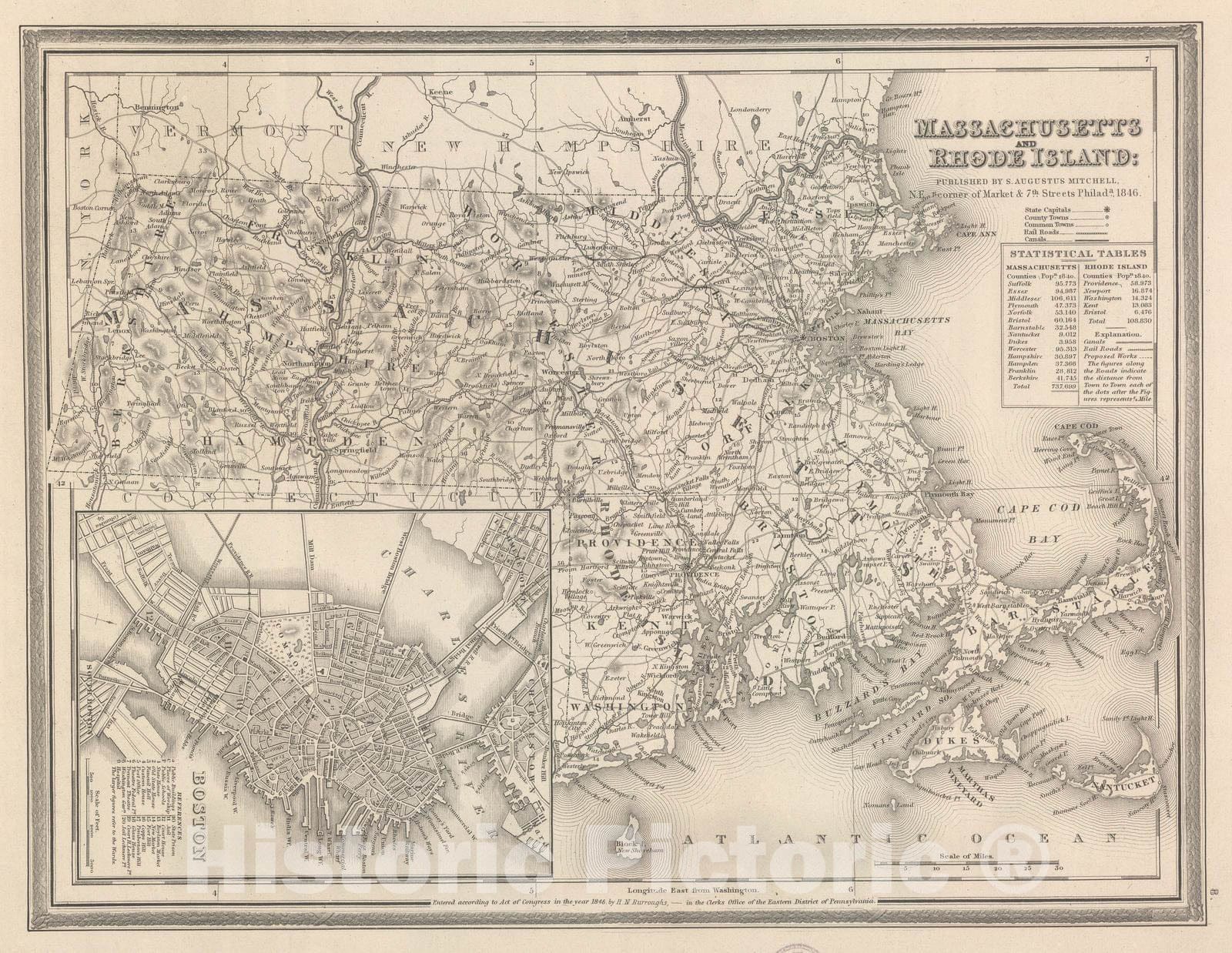 Historic Map : 1848 Massachusetts And Rhode Island. - Vintage Wall Art