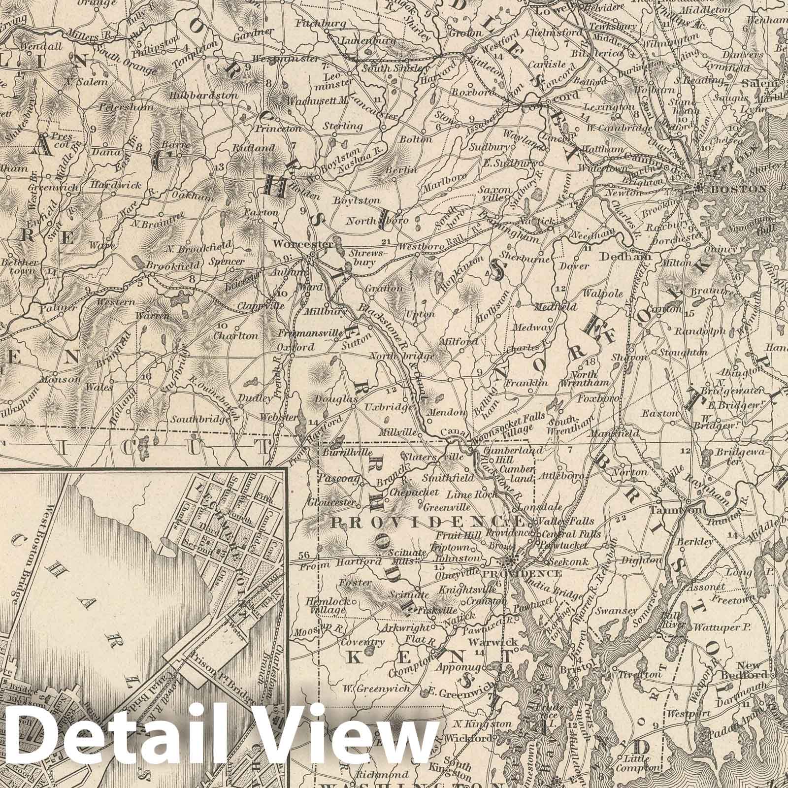 Massachusetts and Rhode Island - Railroad Map, 1848 - Historical Map Print