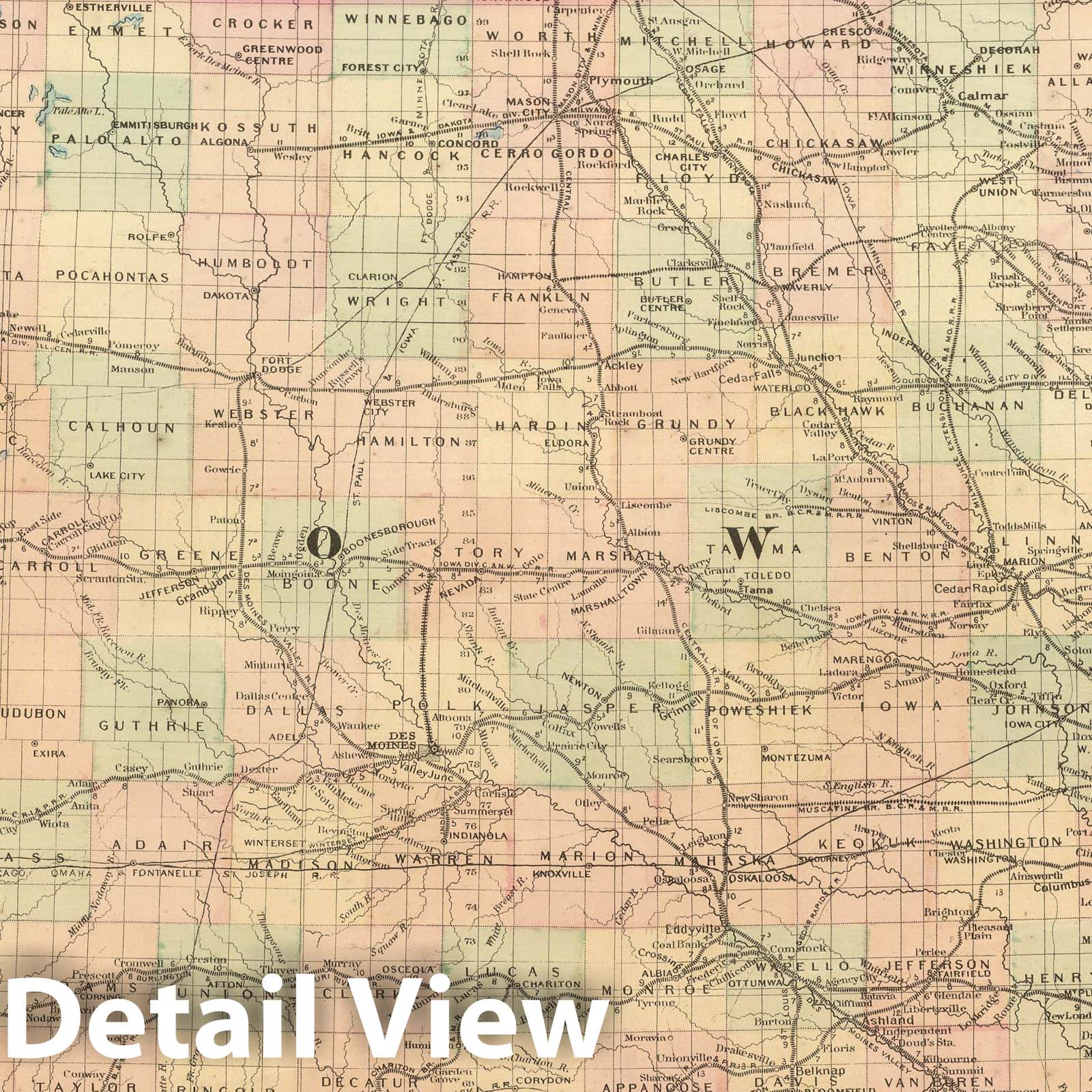 Iowa - Railroad Map, 1875 - Asher & Adams Historical Map Print