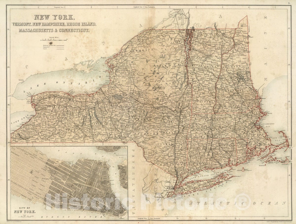 Historic Map : National Atlas - 1856 New York, Vermont, New Hampshire, Rhode Island, Massachusetts & Connecticut. - Vintage Wall Art