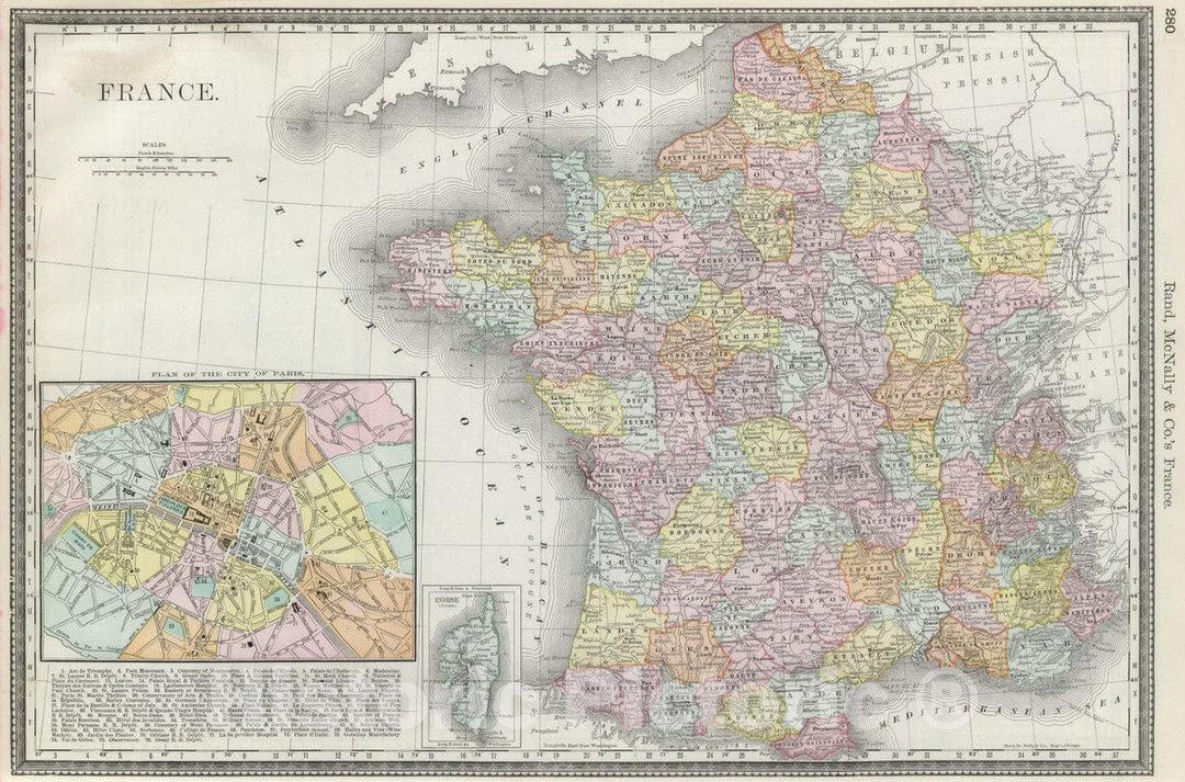 Historic Map : National Atlas - 1889 France. - Vintage Wall Art