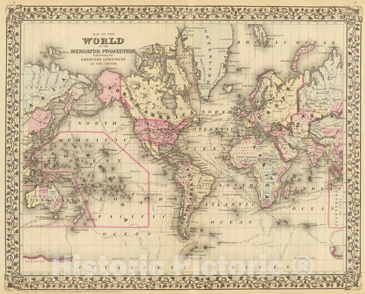 World on Mercator Projection - Route Map, 1880 - Historical Map Print
