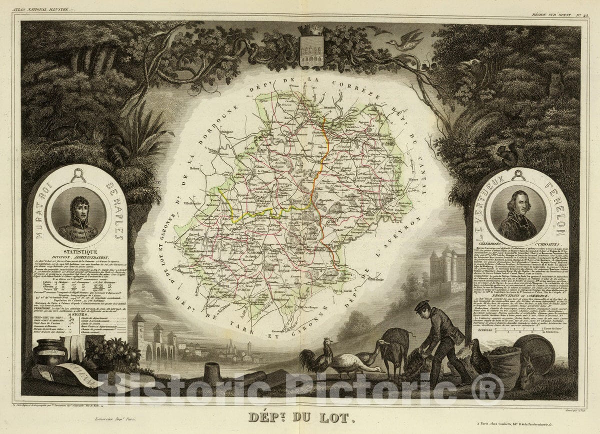 Historic Map : France, 1856 Dept. Du Lot. , Vintage Wall Art