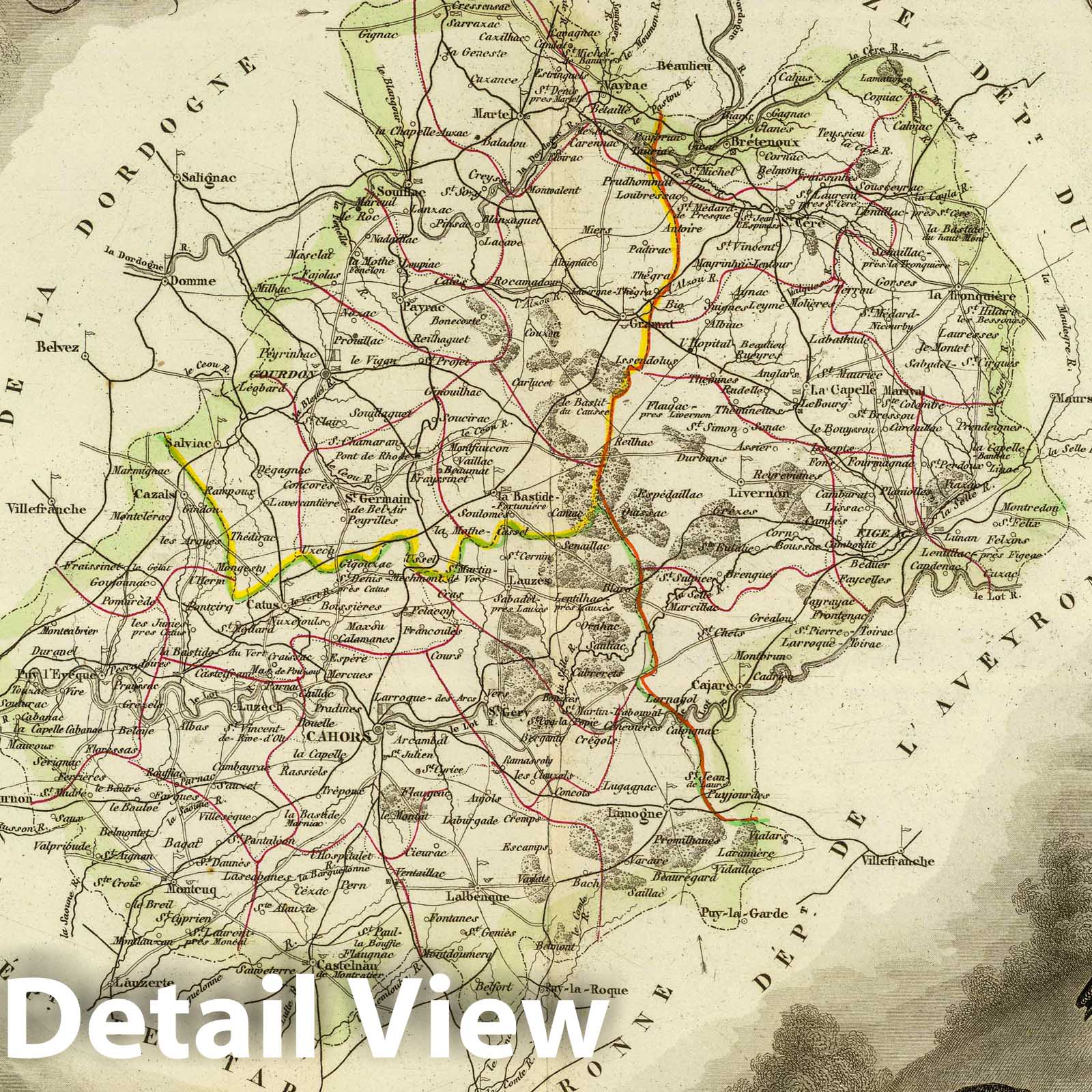 Lot, France - Road Map, 1856 - Hand-Colored Historical Map Print