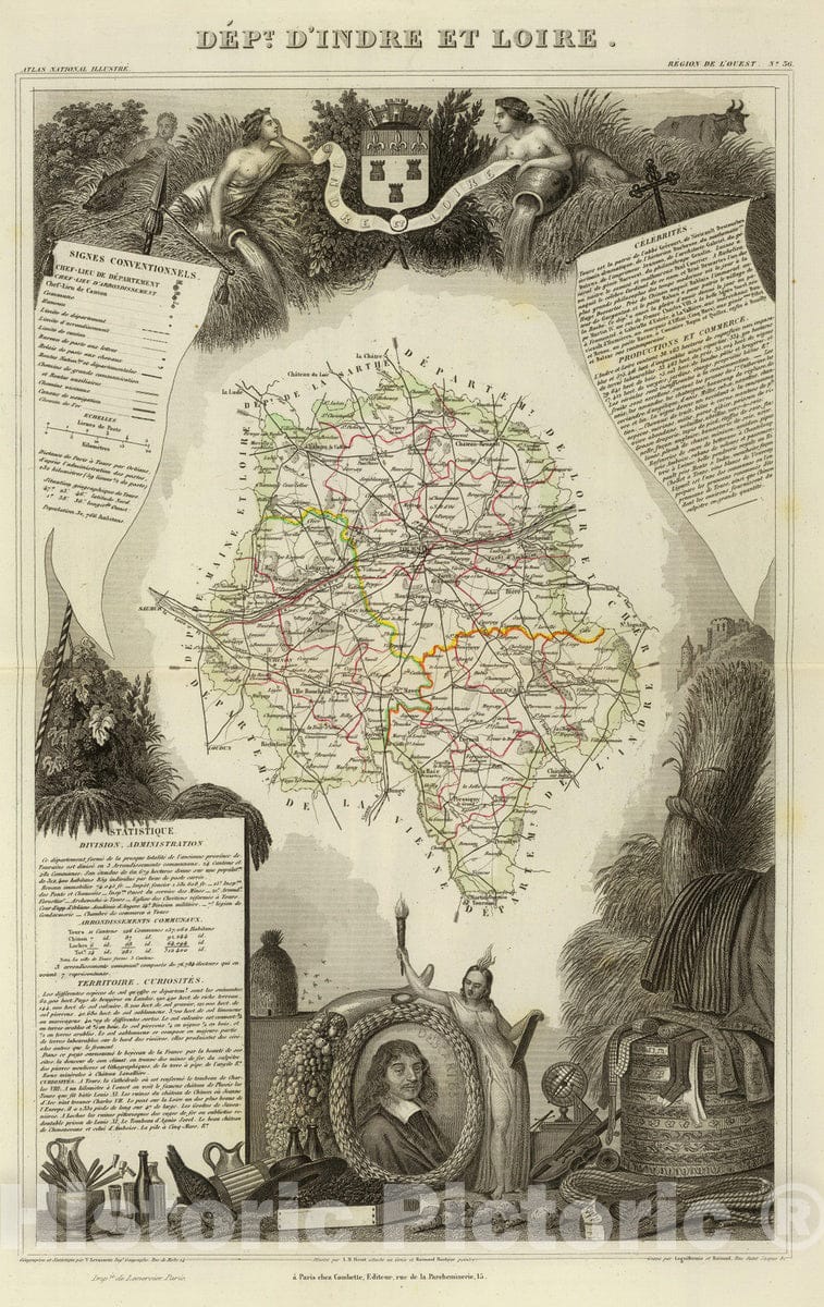 Historic Map : France, 1856 Dept. D'Indre et Loire. , Vintage Wall Art
