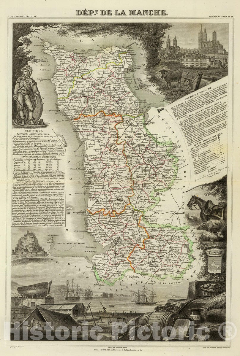 Historic Map : France, 1856 Dept. De La Manche. , Vintage Wall Art