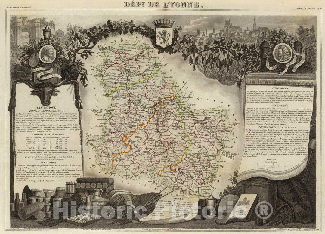 Historic Map : France, 1856 Dept. De Lyonne. , Vintage Wall Art