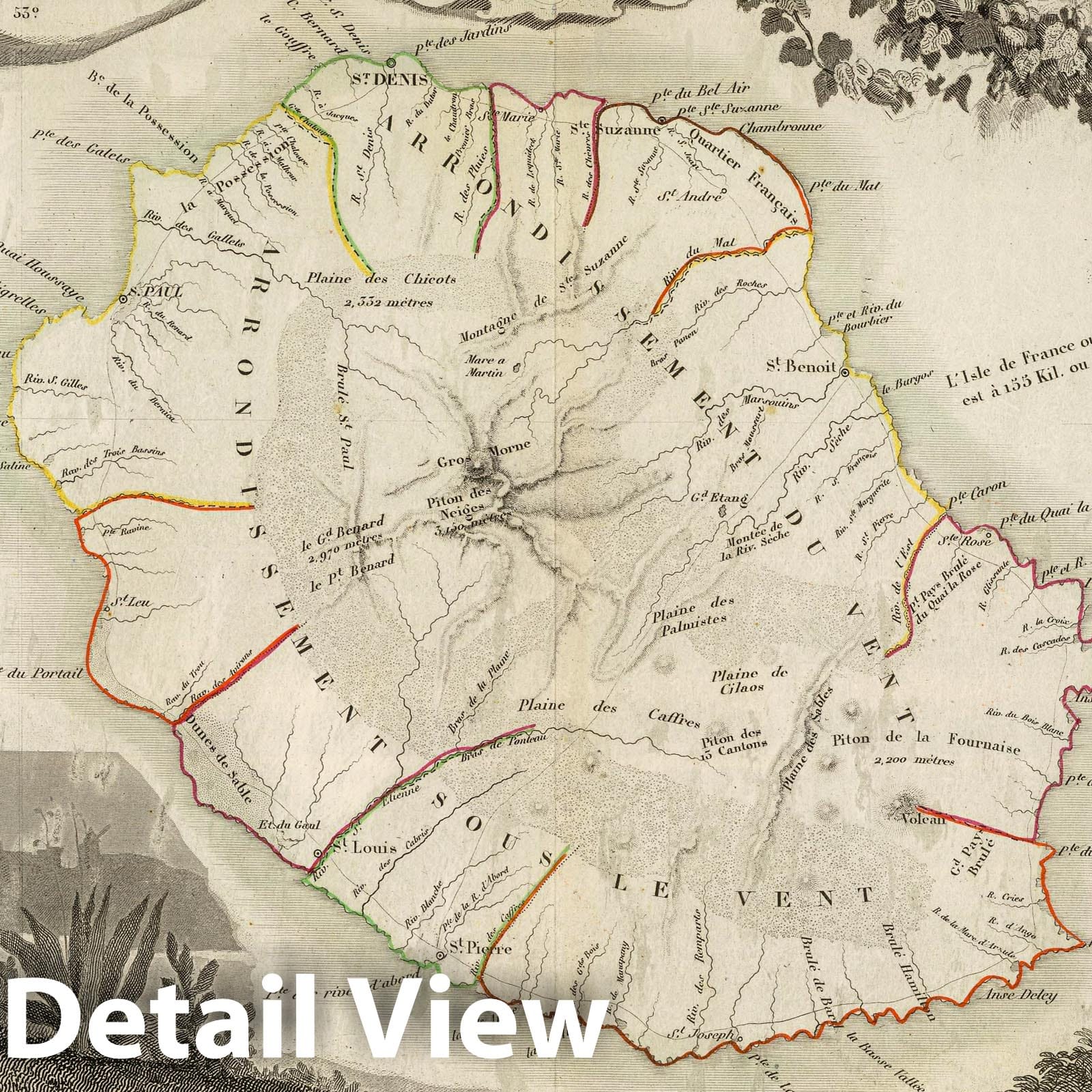Île de la Réunion Road Map, 1856 - Historical Map Print