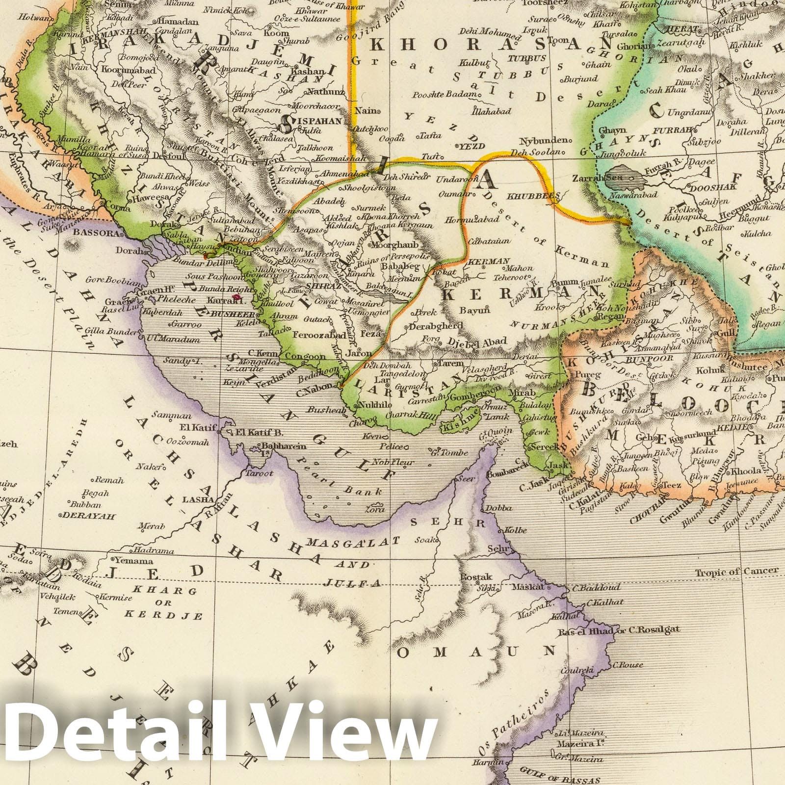 Iran and Arabia - Road Map, 1844 - Historical Map Print