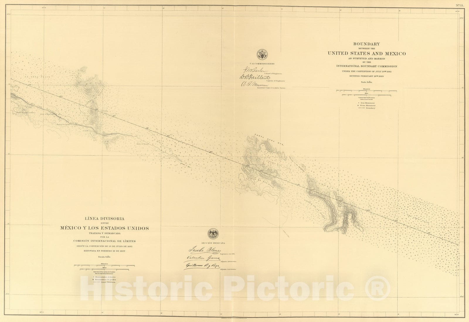 Historic Map : Mexico, Northern Mexico 1901 Linea Divisoria Entre Mexico Y Los Estados Unidos. No. 11. , Vintage Wall Art