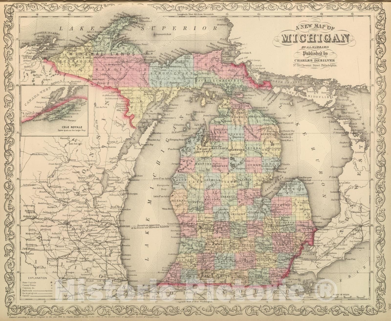 Historic Map : 1859 Michigan. v1 - Vintage Wall Art