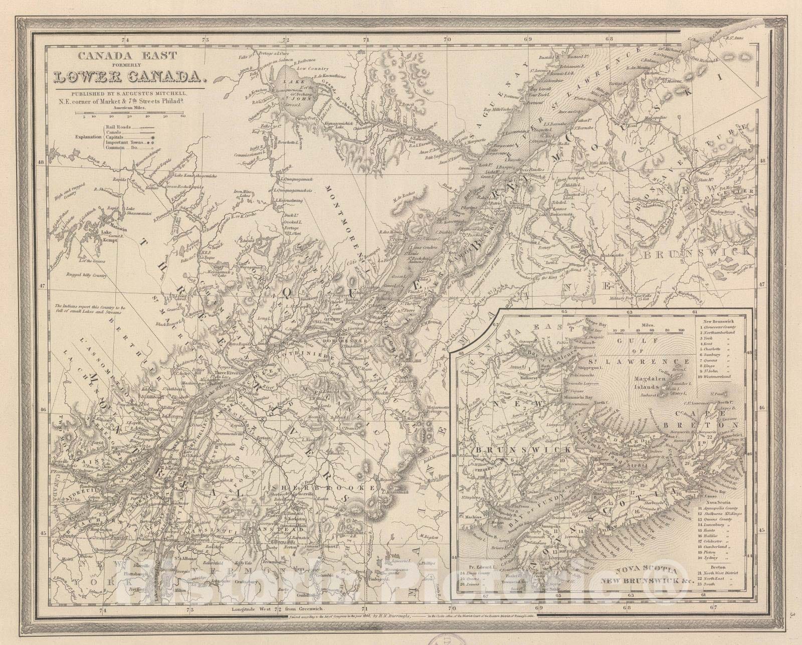Historic Wall Map : 1848 Canada East (Lower). - Vintage Wall Art