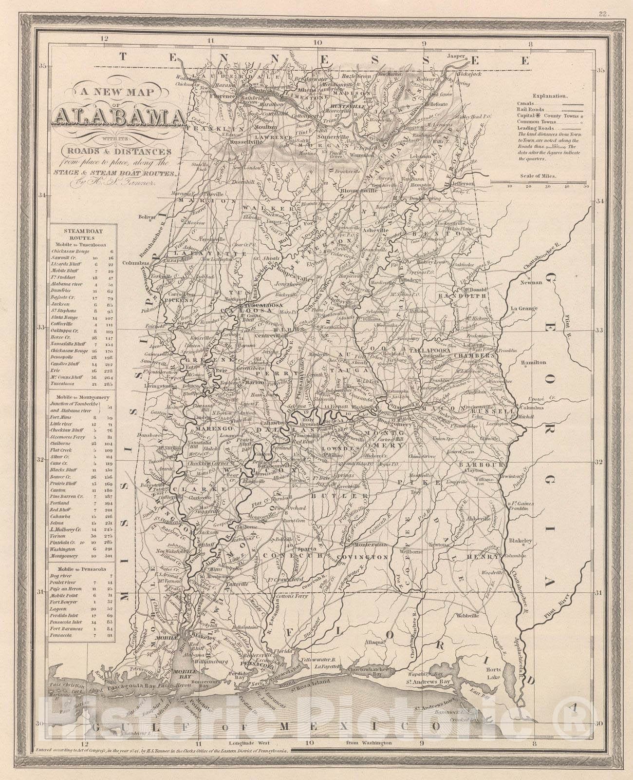 Historic Map : 1848 Alabama. - Vintage Wall Art