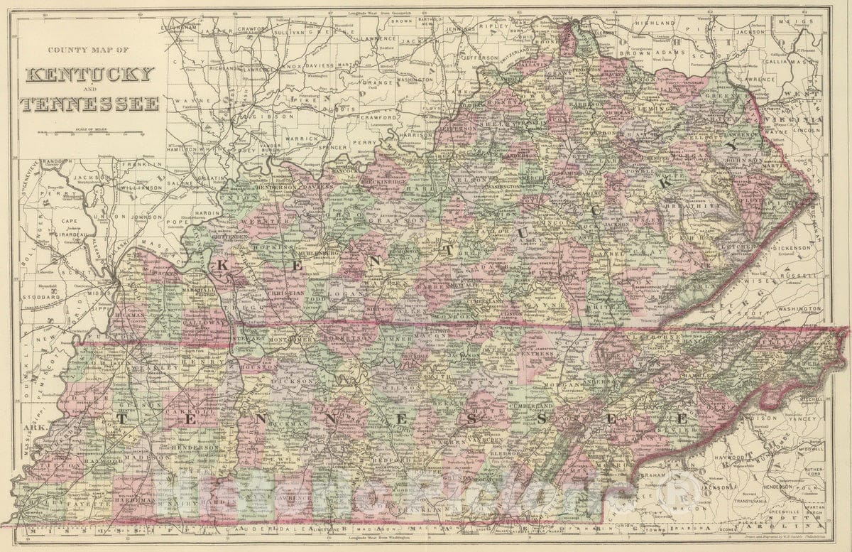 Historic Map : 1884 Kentucky, Tennessee. - Vintage Wall Art