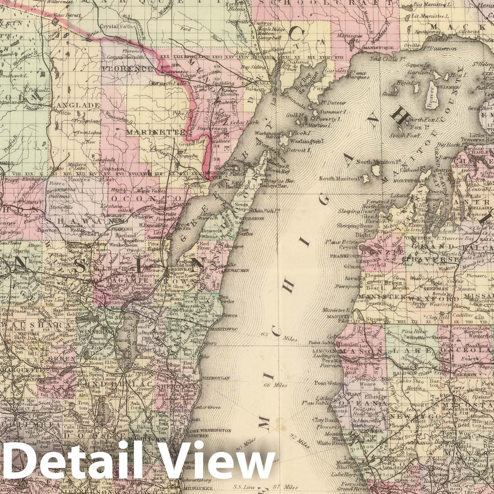 Michigan and Wisconsin - Railroad Map, 1882 - Historical Map Print