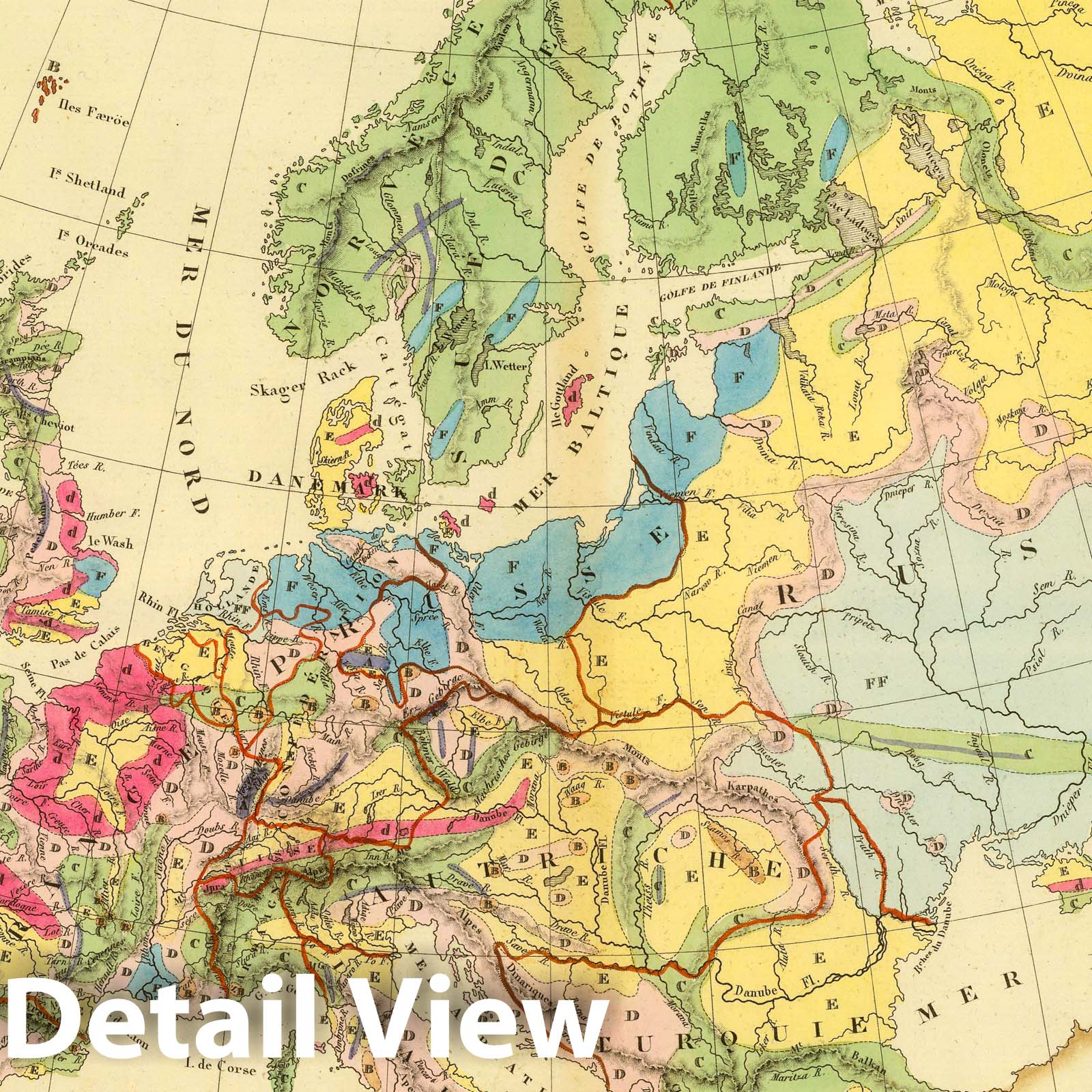 Europe - Geological Map, 1837 - Historical Map Print