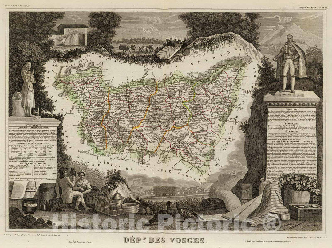 Historic Map : France, 1856 Dept. Des Vosges. , Vintage Wall Art