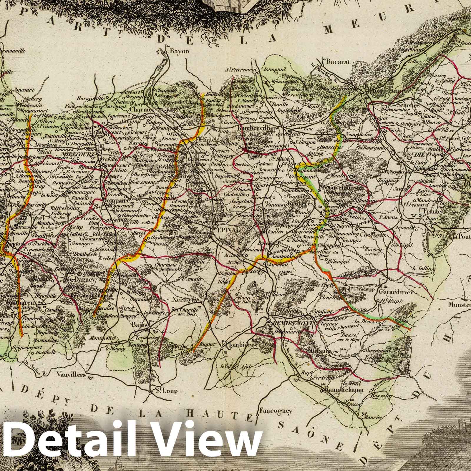 Vosges, France - Road Map, 1856 - Hand-Colored Historical Map Print