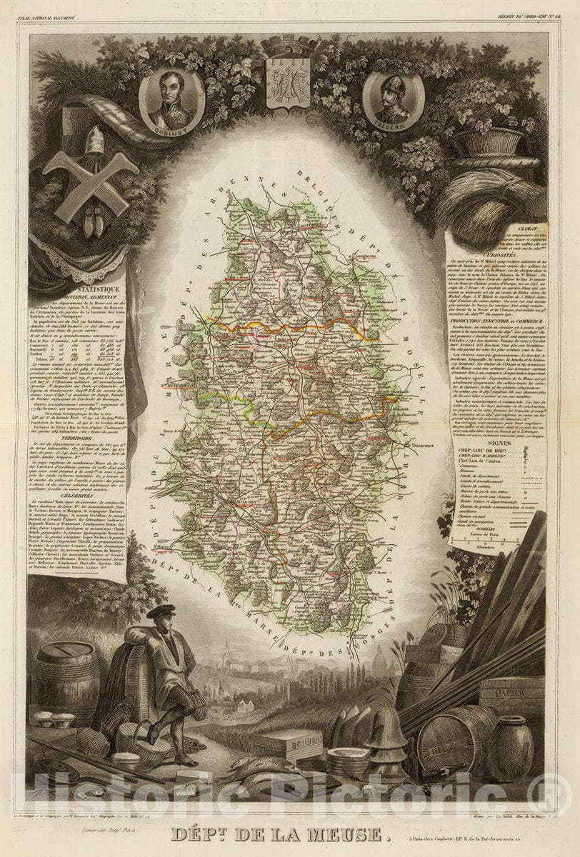 Historic Map : France, 1856 Dept. De La Meuse. , Vintage Wall Art