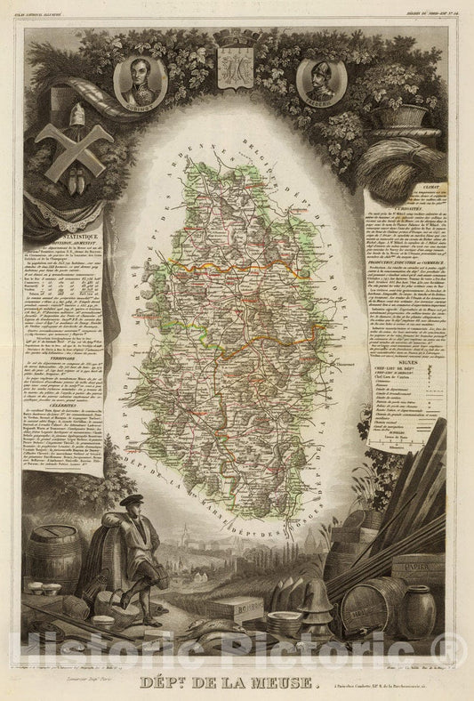 Historic Map : France, 1856 Dept. De La Meuse. , Vintage Wall Art