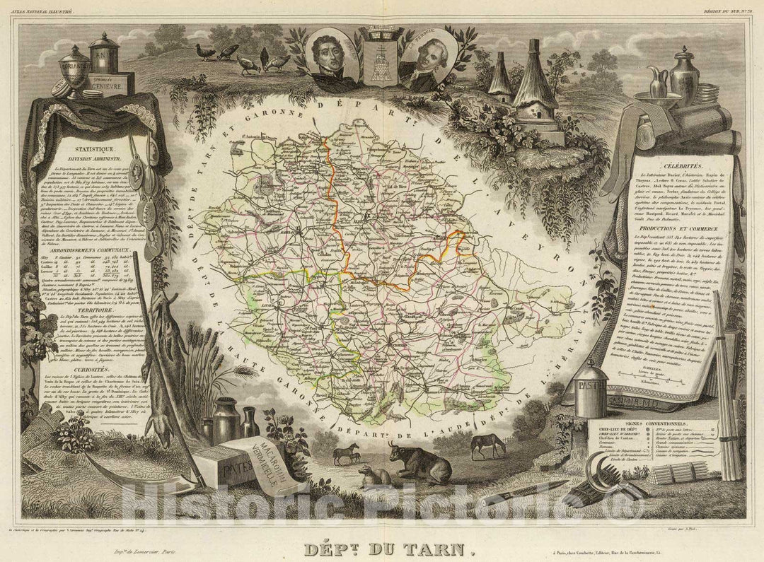 Historic Map : France, 1856 Dept. Du Tarn. , Vintage Wall Art