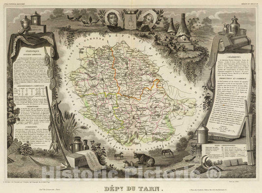 Historic Map : France, 1856 Dept. Du Tarn. , Vintage Wall Art