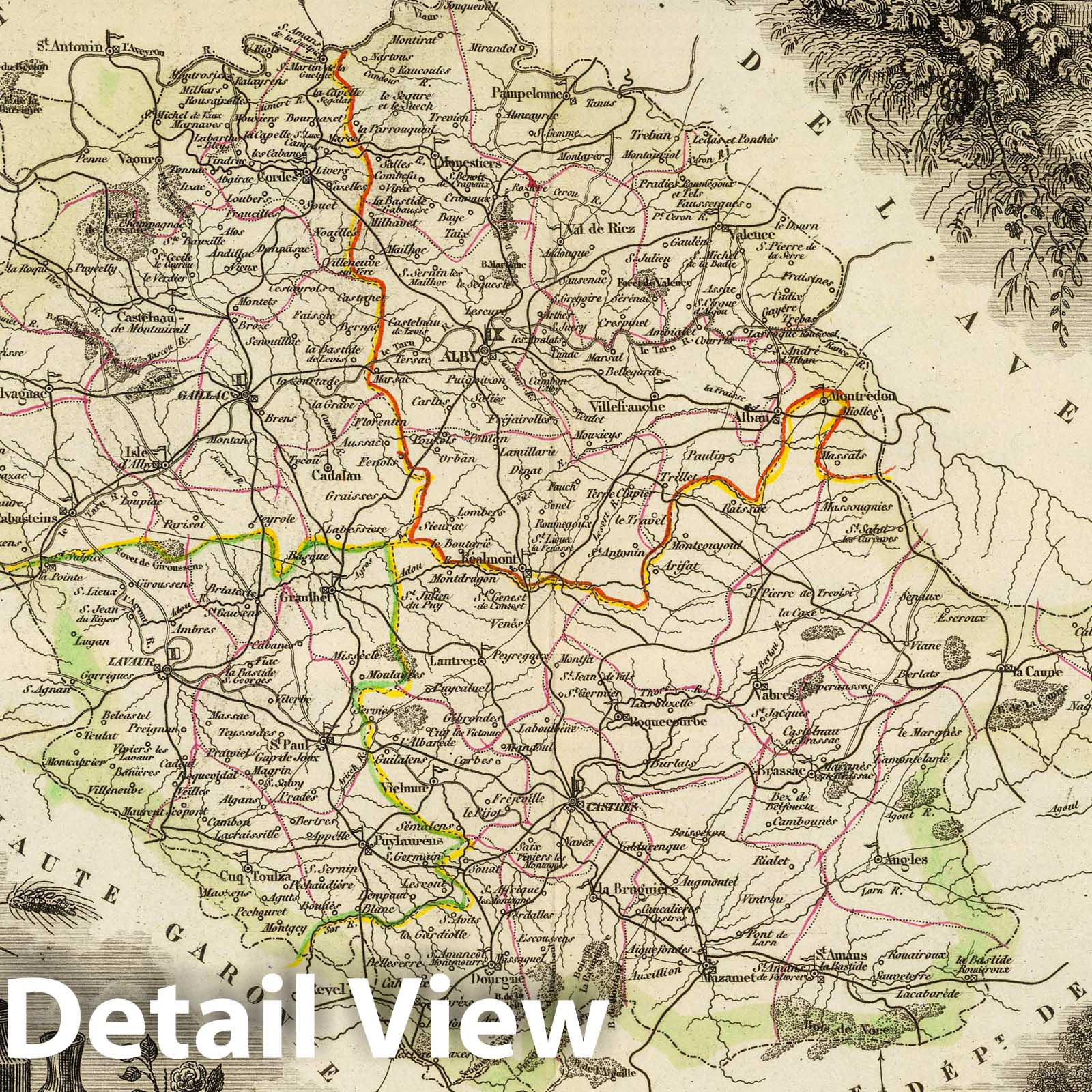 Tarn, France - Road Map, 1856 - Hand-Colored Historical Map Print