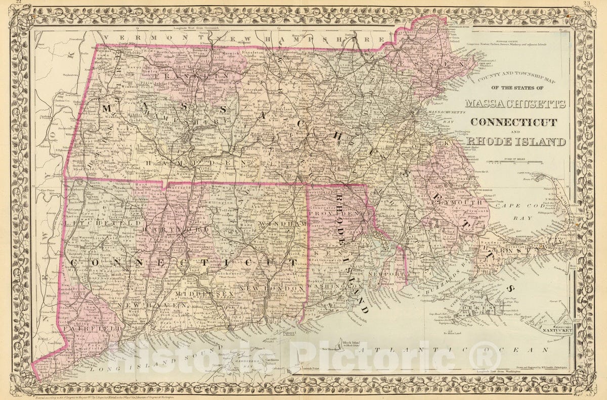 Historic Map : 1880 Mass, Conn, R.I. - Vintage Wall Art
