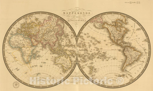 Historic Map : 1842 Mappemonde en deux hemispheres. - Vintage Wall Art